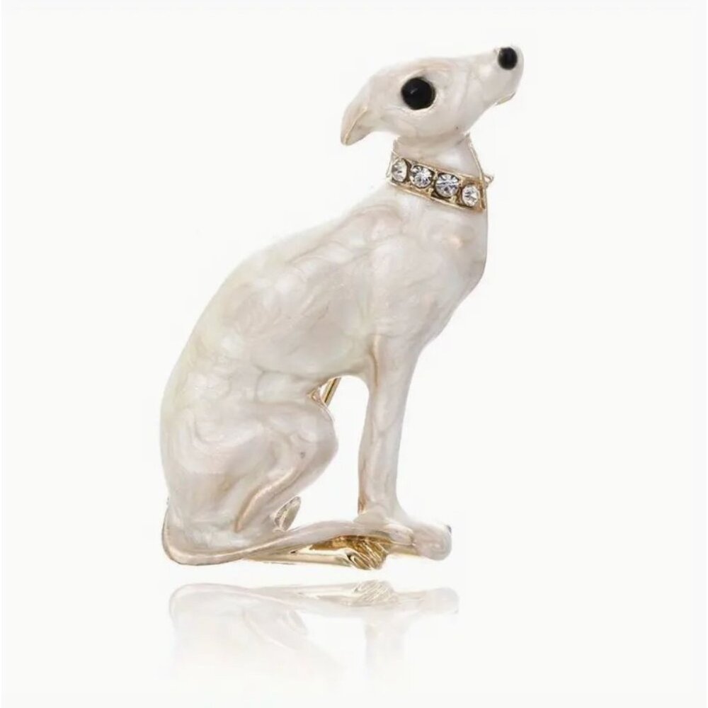 White Enamel Dog Brooch with Crystal Collar Gold Tone
